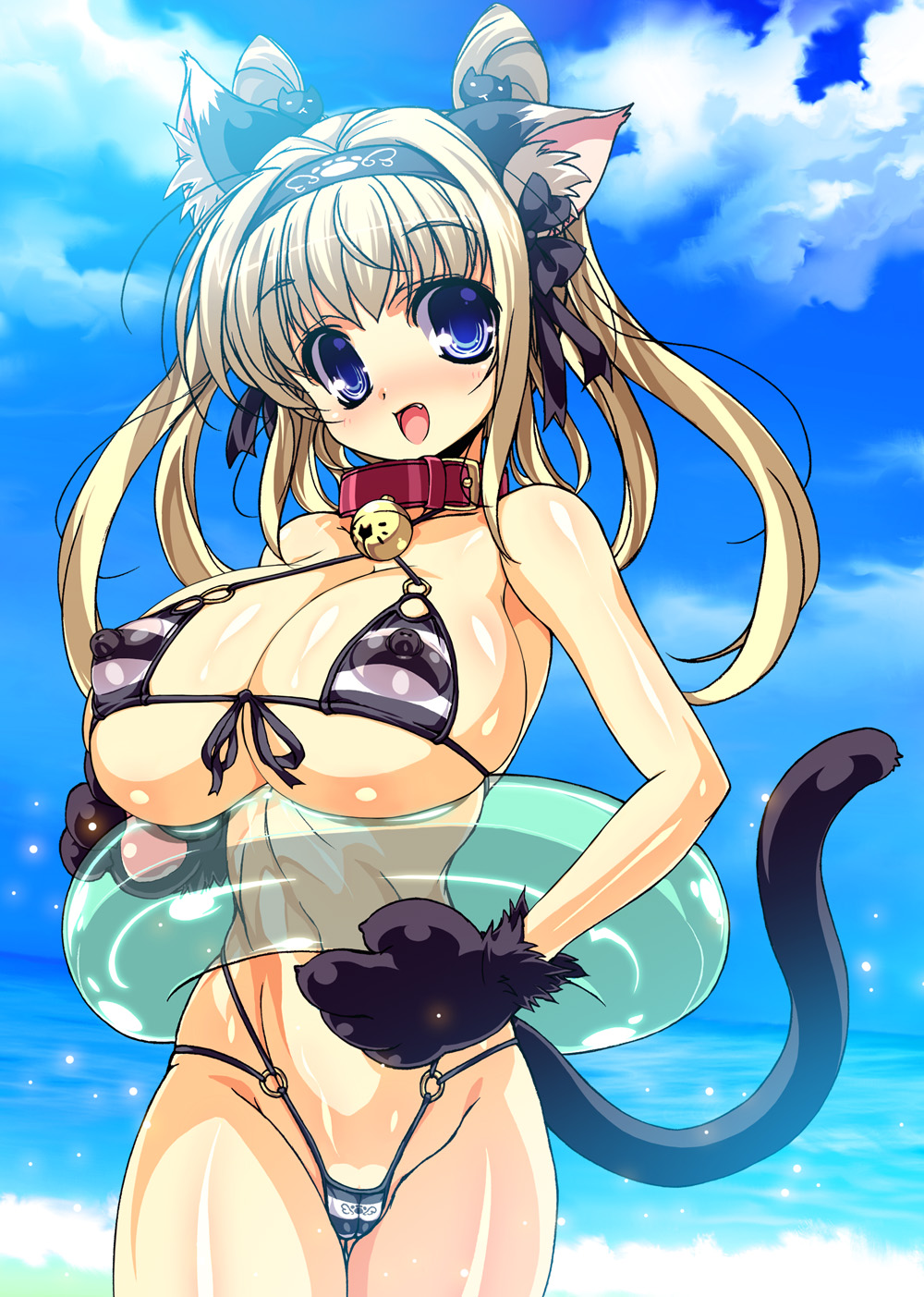 abs animal_ears beach bell bell_collar bikini blonde_hair blue_eyes breasts cat_ears cat_paws cat_tail cloud collar covered_nipples day fang front-tie_top gloves hair_ribbon hairband highres huge_breasts innertube ishida_hiroyuki jingle_bell long_hair micro_bikini o-ring o-ring_bikini ocean open_mouth original outdoors paw_gloves paws puffy_nipples ribbon shiny shiny_skin sky smile solo striped striped_bikini swimsuit tail twintails waves