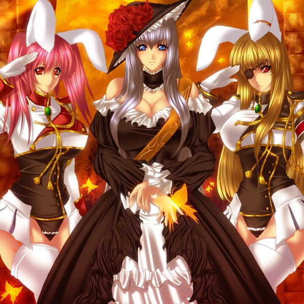 animal_ears bad_id bad_pixiv_id blonde_hair blue_eyes breasts bug bunny_ears butterfly chiester00 chiester45 chiester_sisters choker cleavage crossed_arms dress eyepatch frills gloves hat huge_breasts insect juri_(shiningred) long_hair multiple_girls pink_hair red_eyes salute silver_hair thighhighs twintails umineko_no_naku_koro_ni uniform very_long_hair virgilia white_gloves white_legwear