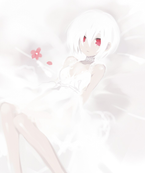 bad_id bad_pixiv_id copyright_request dress face flower hair_between_eyes red_eyes short_hair solo tears tsunako white white_hair