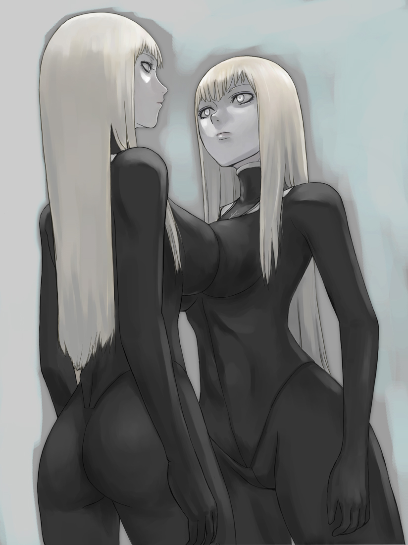 alicia_(claymore) ass bad_id bad_pixiv_id beth_(claymore) blonde_hair bodysuit breast_press breasts claymore face grey_eyes large_breasts lips long_hair multiple_girls siblings sisters symmetrical_docking tea_(nakenashi) twins