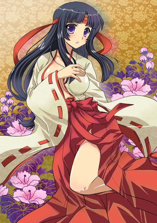 bangs black_hair blunt_bangs blush japanese_clothes masuyama_kei miko purple_eyes queen's_blade ribbon-trimmed_sleeves ribbon_trim solo tomoe