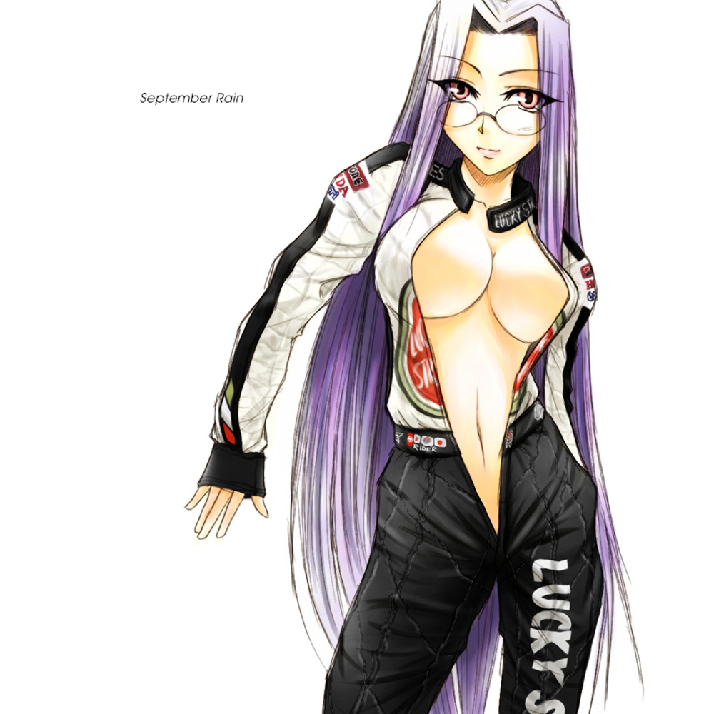 artist_request breasts fate/stay_night fate_(series) glasses large_breasts long_hair navel no_bra open_clothes pink_eyes purple_hair racing_suit rider smile solo very_long_hair