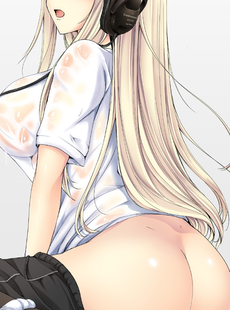 ass blonde_hair bottomless breasts dimples_of_venus head_out_of_frame headphones huge_breasts kizuki_aruchu long_hair maid_bride no_panties open_mouth original see-through sideboob sitting solo wet wet_clothes