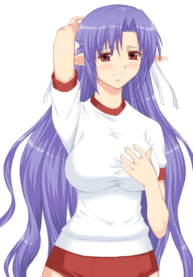 ai_(tick!_tack!) blush breasts buruma gym_uniform half_updo impossible_clothes impossible_shirt large_breasts long_hair pointy_ears purple_hair shichimenchou shirt shuffle! simple_background solo tick!_tack!