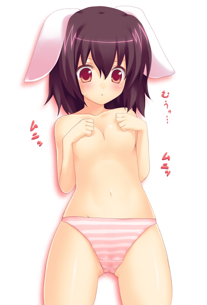 :&lt; animal_ears any_(trueblue) bad_id bad_pixiv_id bunny_ears covering covering_breasts inaba_tewi navel panties solo striped striped_panties sweat topless touhou underwear