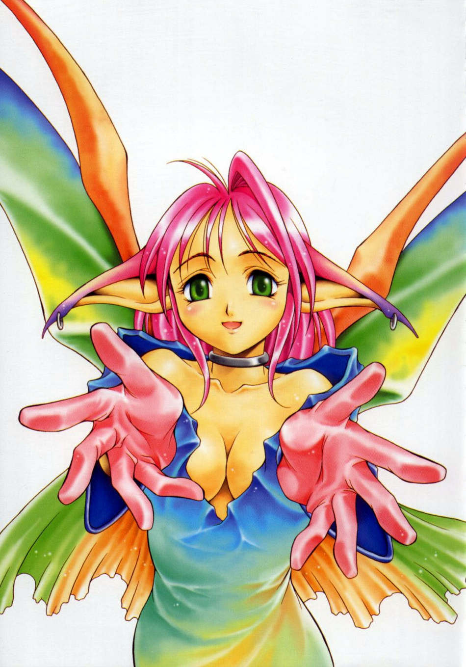 blush breasts choker cleavage colorful copyright_request earrings elf gloves green_eyes happy highres jewelry large_breasts maruto! pink_hair pointy_ears solo wings