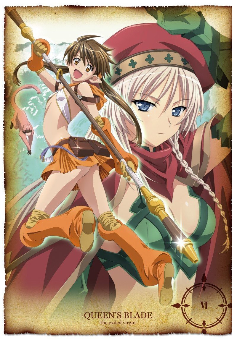alleyne_(queen's_blade) artist_request ass beret blue_eyes boots braid breasts brown_hair cleavage elf flat_chest gloves hat jpeg_artifacts knee_boots long_hair looking_back medium_breasts midriff monkey multiple_girls no_panties nowa official_art orange_footwear pointy_ears queen's_blade ruu_(queen's_blade) side_braid skirt staff thighhighs twintails white_hair yellow_eyes