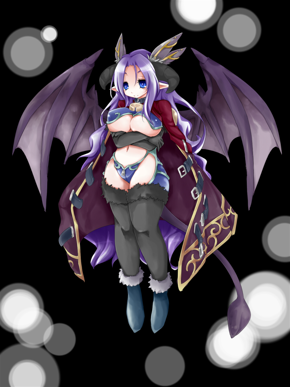 bad_id bad_pixiv_id bat_wings belt blue_eyes breast_hold breasts cape collar curvy demon_tail frfr highres horns large_breasts long_hair navel original pointy_ears purple_hair solo tail thick_thighs thighhighs thighs very_long_hair wings