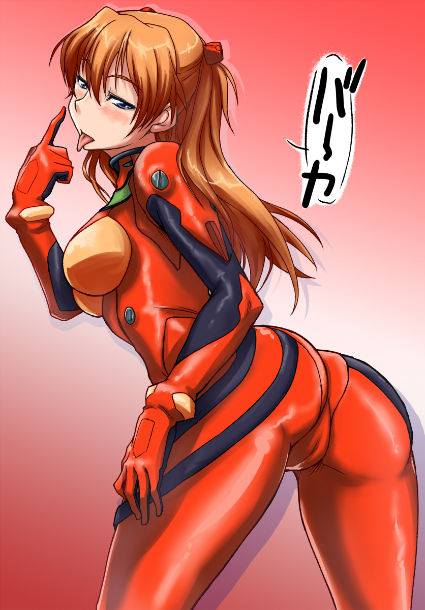 :p ass bangs blue_eyes blush bodysuit bracer breasts cameltoe cowboy_shot eyebrows_visible_through_hair from_behind from_side gloves gradient gradient_background hair_between_eyes half-closed_eyes hand_on_own_thigh hand_up headgear highres index_finger_raised leaning_forward long_hair looking_at_viewer looking_back medium_breasts myp2 neon_genesis_evangelion orange_hair pilot_suit plugsuit pointing pointing_at_self red_background red_bodysuit shadow shiny shiny_clothes skin_tight solo souryuu_asuka_langley speech_bubble standing thighs tongue tongue_out translated turtleneck two_side_up white_background