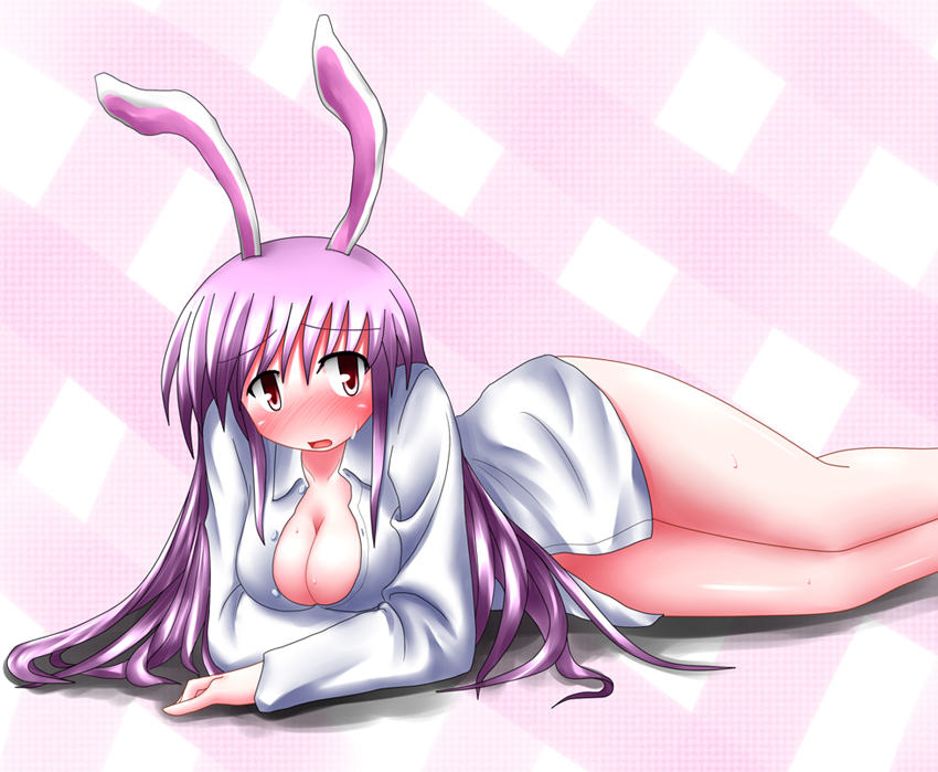 animal_ears baerun blush bottomless breasts bunny_ears cleavage large_breasts long_hair open_clothes open_shirt purple_hair red_eyes reisen_udongein_inaba shirt solo touhou