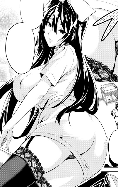 ass blank_speech_bubble breasts garter_belt greyscale hat huge_breasts lace maken-ki! monochrome nijou_aki nurse solo speech_bubble takeda_hiromitsu thighhighs