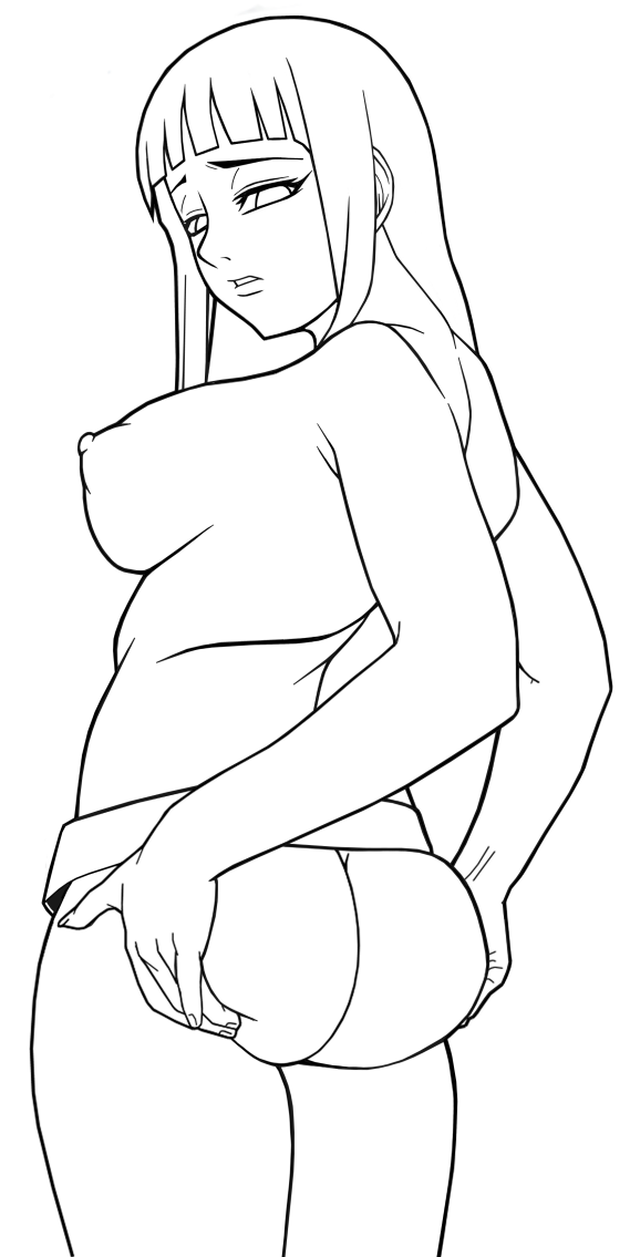 areolae ass breasts from_behind greyscale hyuuga_hinata large_breasts lineart looking_at_viewer looking_back monochrome naruto_(series) naruto_shippuuden ninja nipples puffy_nipples self_upload solo ssjdubby standing