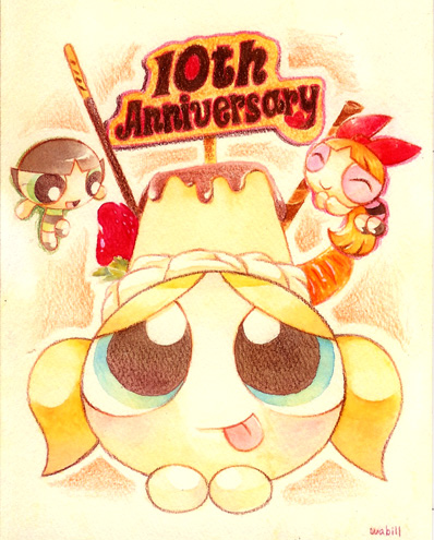 anniversary black_hair blonde_hair blossom_(ppg) blue_eyes bow bubbles_(ppg) buttercup_(ppg) colored_pencil_(medium) food food_as_clothes fruit gouache_(medium) green_eyes hair_bow happy lowres multiple_girls nib_pen_(medium) orange_hair pocky powerpuff_girls pudding strawberry tongue traditional_media twintails wabiru