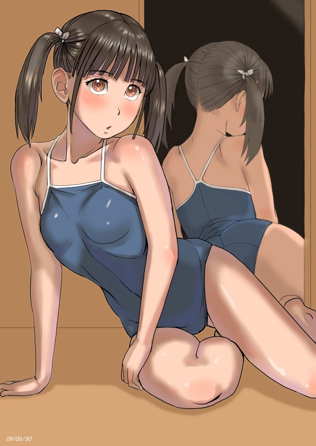 :o arm_support ass blue_swimsuit blush brown_eyes brown_hair chitose_(zenkou) dated looking_at_viewer mirror one-piece_swimsuit original parted_lips reflection shiny shiny_hair shiny_skin short_hair sitting solo swimsuit twintails yellow_background yokozuwari zenkou
