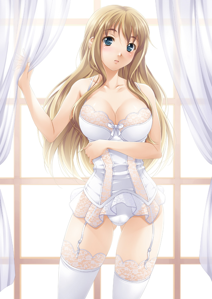 bare_shoulders blonde_hair blue_eyes breasts cleavage collarbone corset curtain_grab curtains eyebrows garter_belt k-on! kotobuki_tsumugi lace lace-trimmed_thighhighs large_breasts lingerie long_hair mukunokino_isshiki panties solo thick_eyebrows thighhighs underwear white_legwear white_panties window