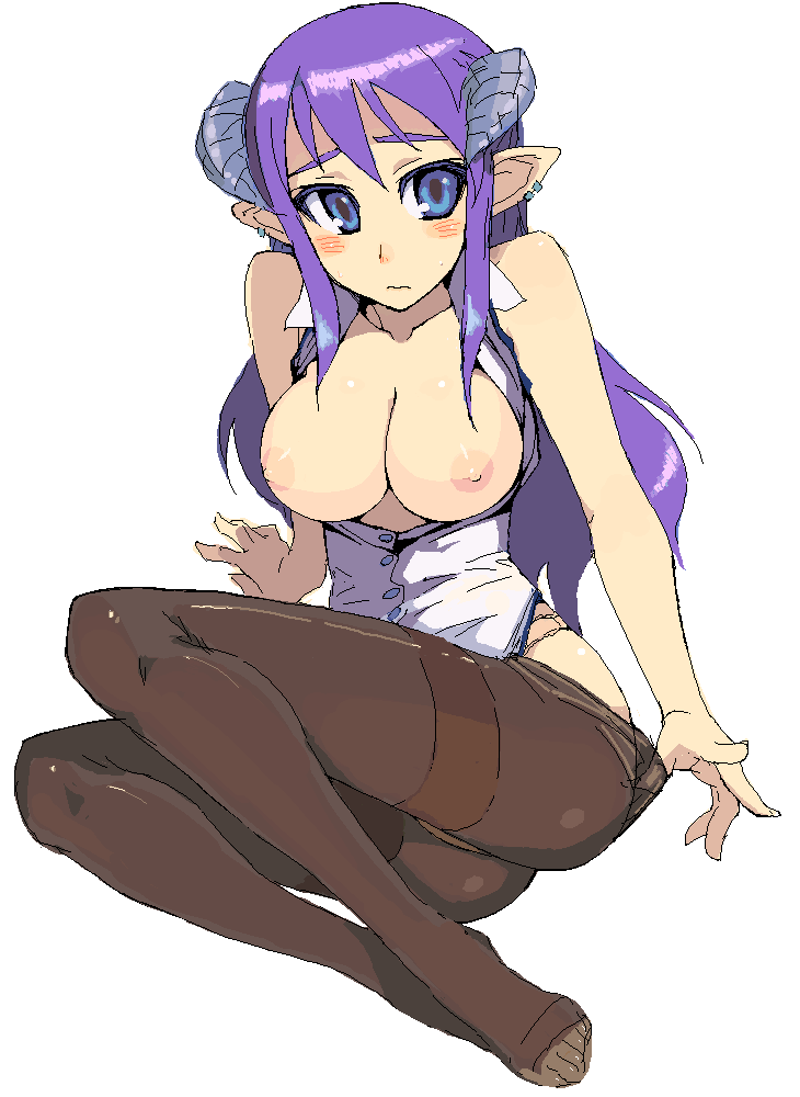 ass bad_id bad_pixiv_id blush breasts earrings feet horns jewelry kusanagi_tonbo large_breasts nipples oekaki open_clothes open_shirt original pantyhose purple_hair shirt solo undressing