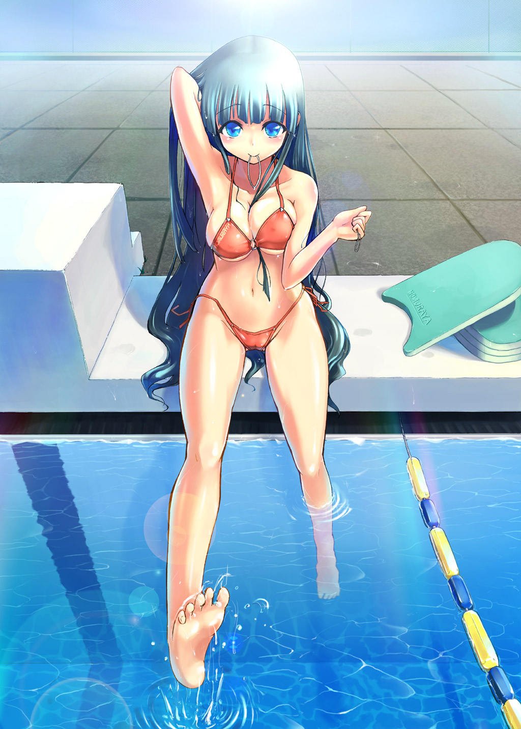 adjusting_hair armpits bad_id bad_pixiv_id barefoot bikini blue_eyes blue_hair blush breasts cameltoe copyright_request covered_nipples feet highres homura_subaru kickboard large_breasts long_hair mouth_hold pool smile soaking_feet soles solo starting_block swimsuit very_long_hair water