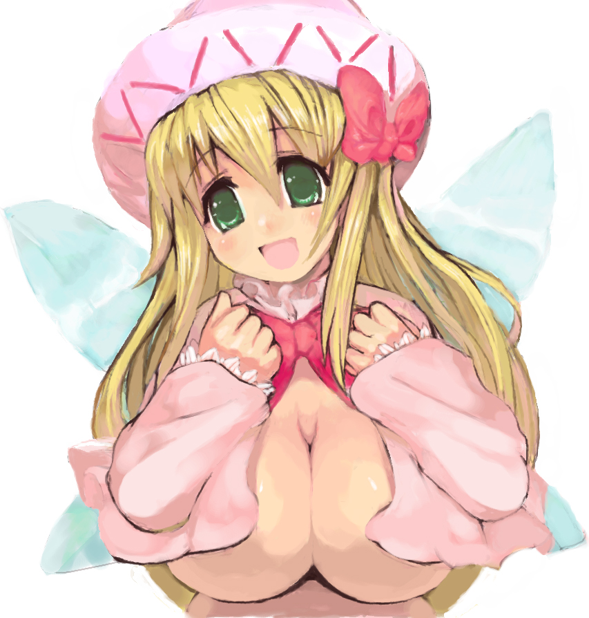 :d blonde_hair bow breasts cleavage green_eyes happy hat hat_bow huge_breasts kasutaso lily_white long_hair no_bra open_clothes open_mouth open_shirt shirt smile solo touhou wings