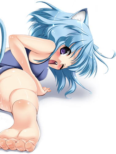 animal_ears barefoot blue_hair blush cat_ears copyright_request feet kojima_saya looking_back lowres one-piece_swimsuit one_eye_closed open_mouth purple_eyes school_swimsuit short_hair solo swimsuit tail wet