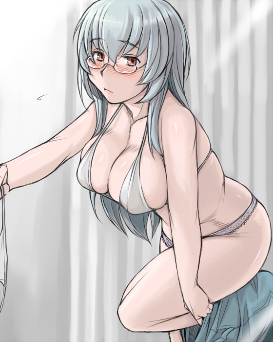 bra breasts cleavage glasses large_breasts lingerie older panties rozen_maiden silver_hair solo suigintou tsuda_nanafushi underwear underwear_only undressing