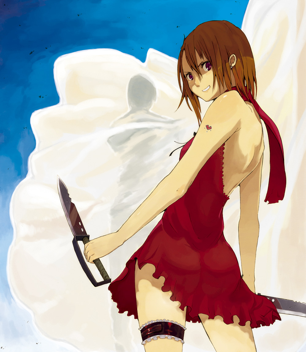 ass brown_hair dual_wielding from_behind garters grin heart holding hrd knife looking_back original red red_eyes red_skirt scarf skirt smile solo tattoo weapon