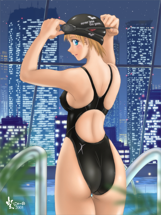 ass blonde_hair blue_eyes cityscape competition_swimsuit english from_behind goggles indoors looking_back murasaki_nyaa night one-piece_swimsuit pool pool_ladder poolside profile solo standing swim_cap swimsuit window