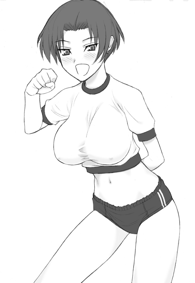 aida_kyouko breasts buruma covered_nipples greyscale gym_uniform huge_breasts impossible_clothes impossible_shirt kizuato monochrome navel open_mouth shichimenchou shirt short_hair simple_background solo