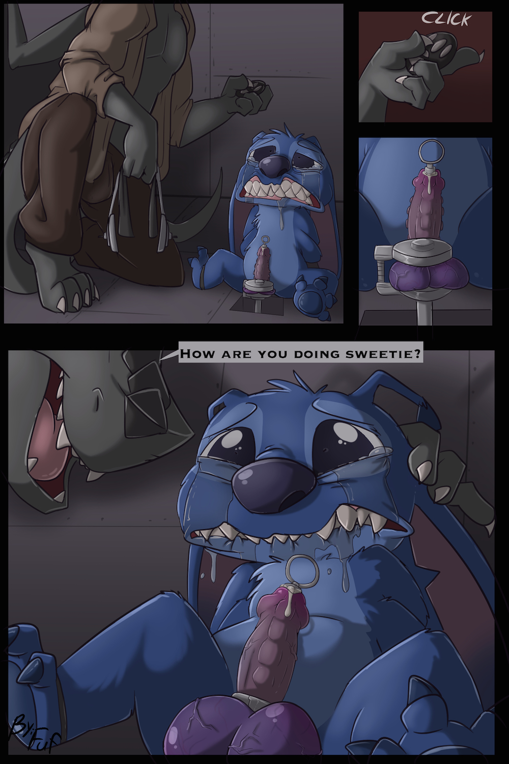 abuse alien ballbusting balls bdsm black_eyes bondage bound cock_and_ball_torture comic cruelty crying cum dialogue disney dragon experiment_(species) fuf garret_mvahd_(oc) lilo_and_stitch male male/male sadism sexual_torture stitch tears urethral