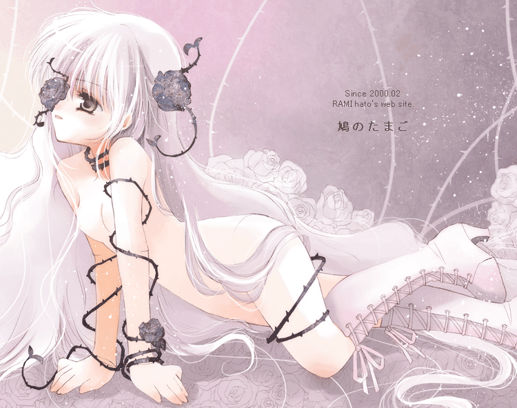 all_fours boots eyepatch flat_chest flower hato_rami high_heels kirakishou knee_boots long_hair nude rose rozen_maiden shoes silver_eyes solo very_long_hair white_hair