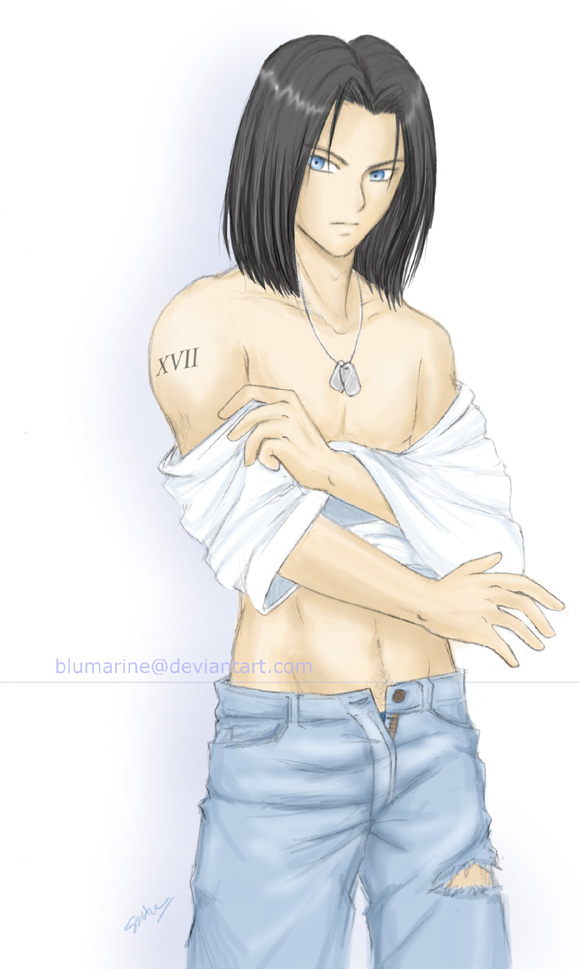android_17 black_hair blue_eyes blumarine dog_tags dragonball dragonball_z jeans male signature solo tattoo torn_clothes torn_jeans