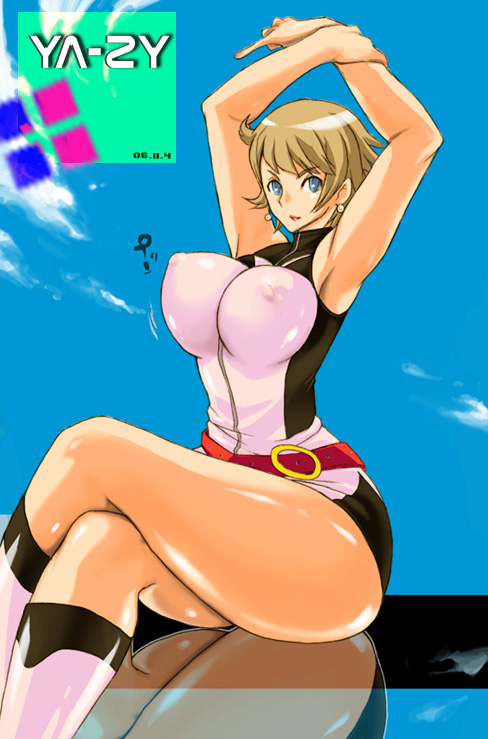 1girl armpits arms_up ass belt blue_eyes boots bouncing_breasts breasts brown_hair covered_nipples crossed_legs curvy huge_ass large_breasts mylene_hoffman short_hair sitting solo thick_thighs thighs wide_hips ya-zy