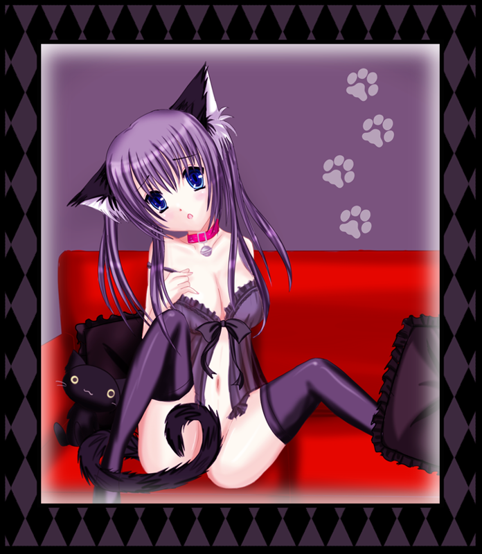 animal_ears bell blue_eyes bra cat cat_ears censored collar convenient_censoring copyright_request couch lingerie long_hair nanaka no_panties paw_print pillow purple_hair solo thighhighs underwear