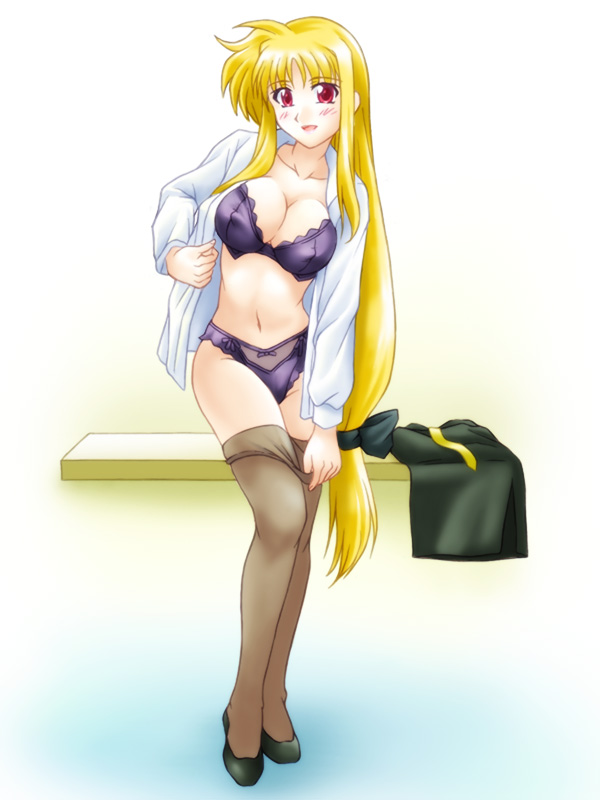 blonde_hair blush bra breasts cleavage covered_nipples dress_shirt fate_testarossa hair_ribbon large_breasts lingerie long_hair low-tied_long_hair lyrical_nanoha mahou_shoujo_lyrical_nanoha_strikers majin_go! open_clothes open_shirt panties pantyhose pantyhose_pull red_eyes ribbon shirt smile solo underwear undressing very_long_hair