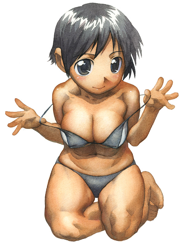 bare_shoulders barefoot bikini black_eyes black_hair breasts cleavage copyright_request full_body large_breasts navel satou_toshiyuki short_hair simple_background smile solo strap_pull swimsuit white_background