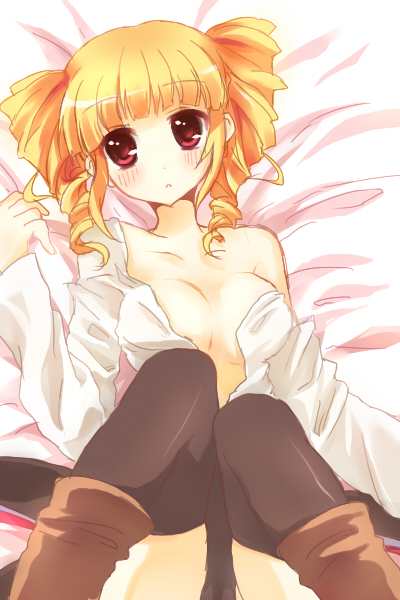 bad_id bad_pixiv_id beelzebub blonde_hair drill_hair hinase_haruka lying open_clothes open_shirt red_eyes shirt solo stakes_of_purgatory thighhighs umineko_no_naku_koro_ni