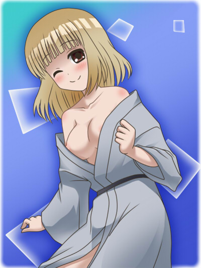 awa blue_kimono blush breasts fukuji_mihoko japanese_clothes kimono medium_breasts nipple_slip nipples one_eye_closed saki solo wardrobe_malfunction yukata