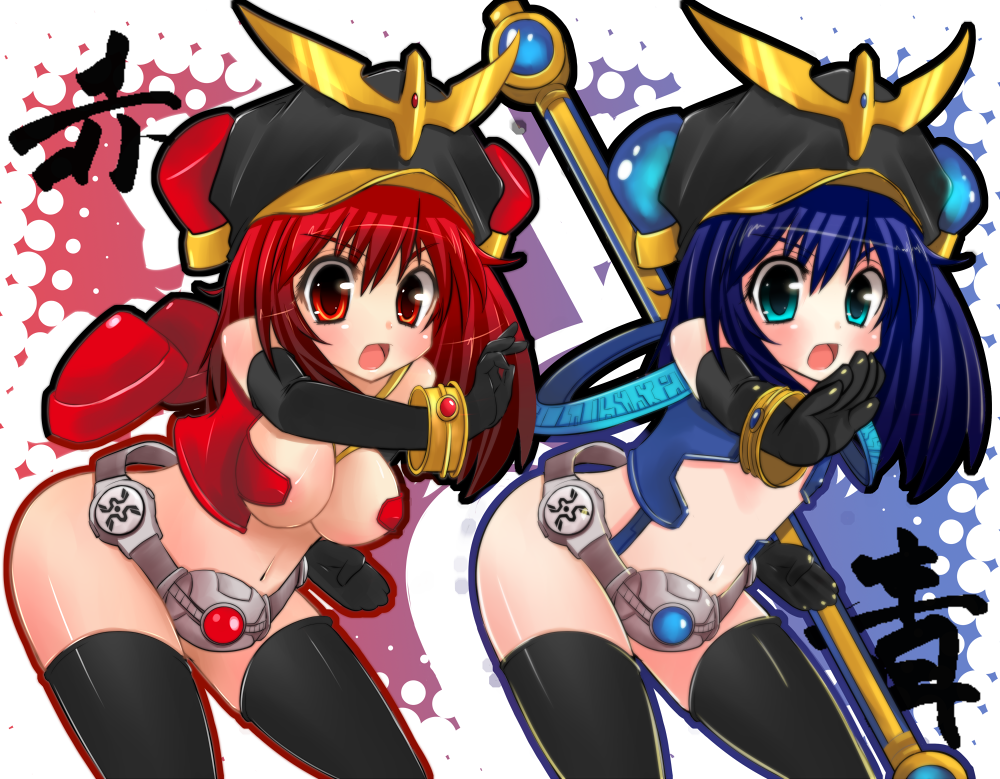 belt beltskirt blue_eyes blue_hair bracelet breasts ditienan_ddn elbow_gloves gloves hat jewelry kamen_rider kamen_rider_kuuga kamen_rider_kuuga_(series) large_breasts red_eyes red_hair small_breasts staff thighhighs