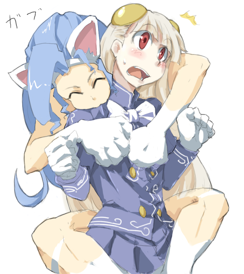 2girls :3 ^_^ animal_ears artist_request big_hair biting blonde_hair blue_hair blush capcom capcom_fighting_jam cat_ears closed_eyes company_connection crossover felicia gloves hairband hairpods hug ingrid multiple_girls open_mouth red_eyes surprised vampire_(game) white_hair