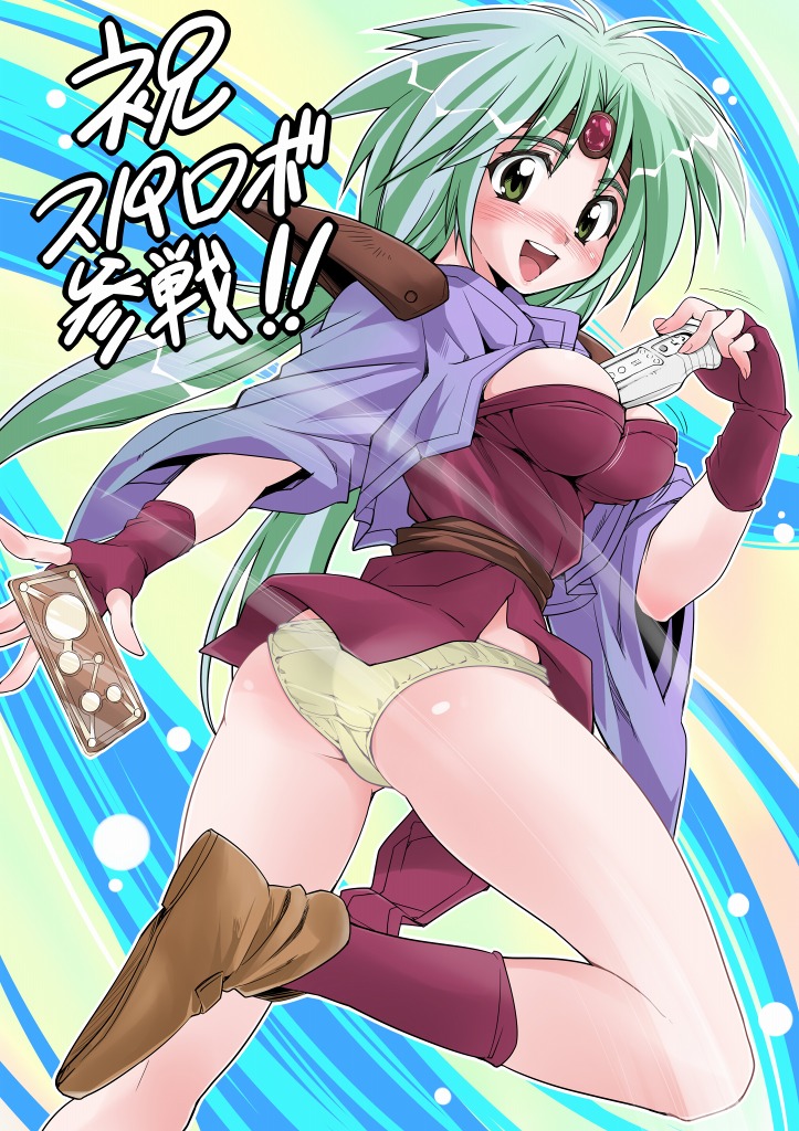 ass bad_id bad_pixiv_id between_breasts blush breasts circlet cleavage endou_masatoshi fingerless_gloves game_console gloves green_eyes green_hair haou_taikei_ryuu_knight large_breasts long_hair looking_back paffy_pafuricia panties pantyshot solo twisted_torso underwear wii