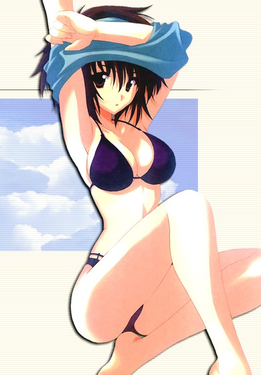 armpits arms_up barefoot bikini breasts brown_eyes brown_hair cleavage cloud copyright_request large_breasts legs long_legs looking_at_viewer mario_kaneda short_hair sitting skindentation solo swimsuit thighs undressing