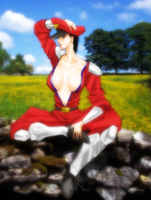 1girl artist_request black_hair breasts capcom genderswap large_breasts m_bison midnight_bliss no_bra outdoors solo street_fighter vega