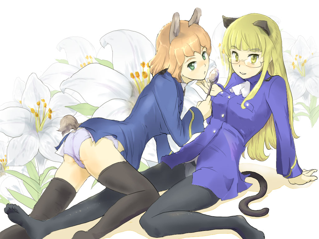 amelie_planchard animal_ears bad_id bad_pixiv_id feet glasses multiple_girls panties panties_under_pantyhose pantyhose perrine_h_clostermann puuakachan strike_witches tail thighhighs underwear world_witches_series yuri