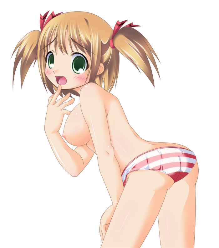ass beast blush breasts brown_hair green_eyes nipples open_mouth panties short_hair twintails underwear