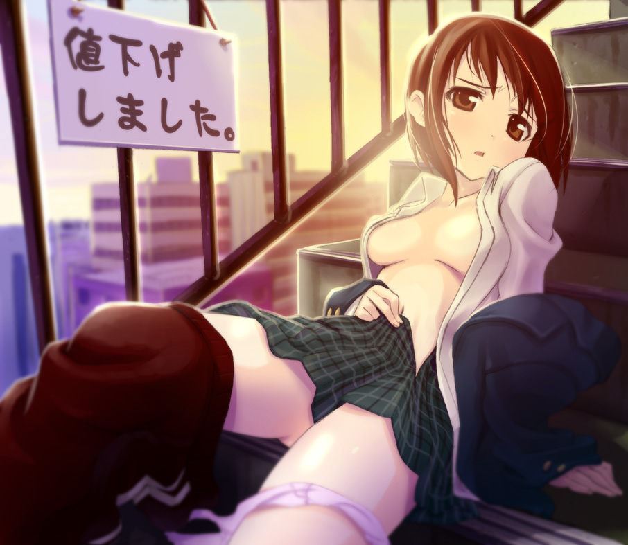 breasts brown_eyes brown_hair cleavage medium_breasts no_bra open_clothes open_shirt original panties panties_around_one_leg plaid plaid_skirt school_uniform shirt sitting sitting_on_stairs skirt solo stairs thighhighs underwear undressing wadapen wadapen's_short_brown_haired_girl white_shirt