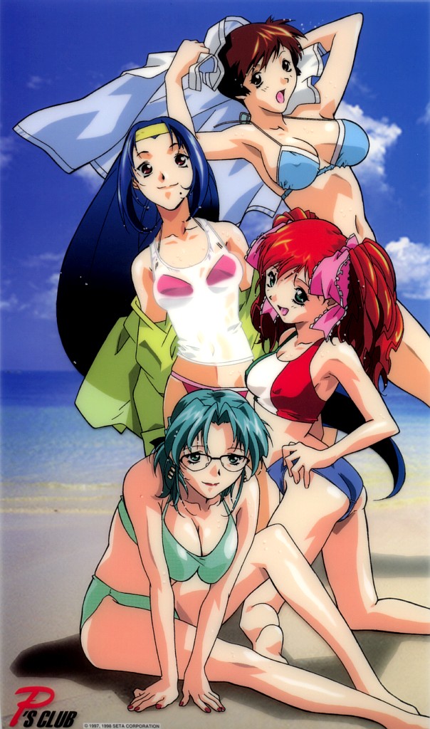 aqua_hair arms_up asahina_natsuki asahina_yurina ass beach bikini blue_hair breasts brown_eyes brown_hair cleavage covered_nipples day glasses green_eyes hairband kneeling large_breasts lipstick long_hair makeup midriff mole mole_under_mouth multiple_girls nail_polish outdoors purple_eyes randou_serika red_hair red_nails see-through shirt short_hair sitting smile sports_bikini super_real_mahjong swimsuit tanaka_ryou tank_top tankini toyohara_etsuko twintails twisted_torso water wet wet_clothes wet_shirt