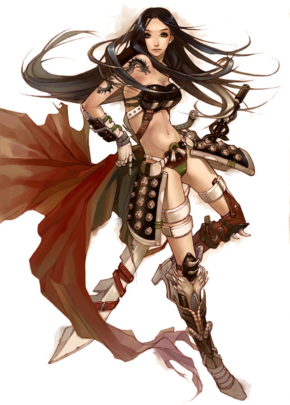 armor black_hair copyright_request greaves grey_eyes long_hair maggi navel solo sword tattoo weapon
