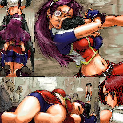 2girls aliasing asamiya_athena bearclaw beaten beating defeated king_of_fighters knocked_out knockout long_hair looking_back lowres multiple_boys multiple_girls outdoors punch punching purple_hair red_hair short_hair snk street vanessa violence