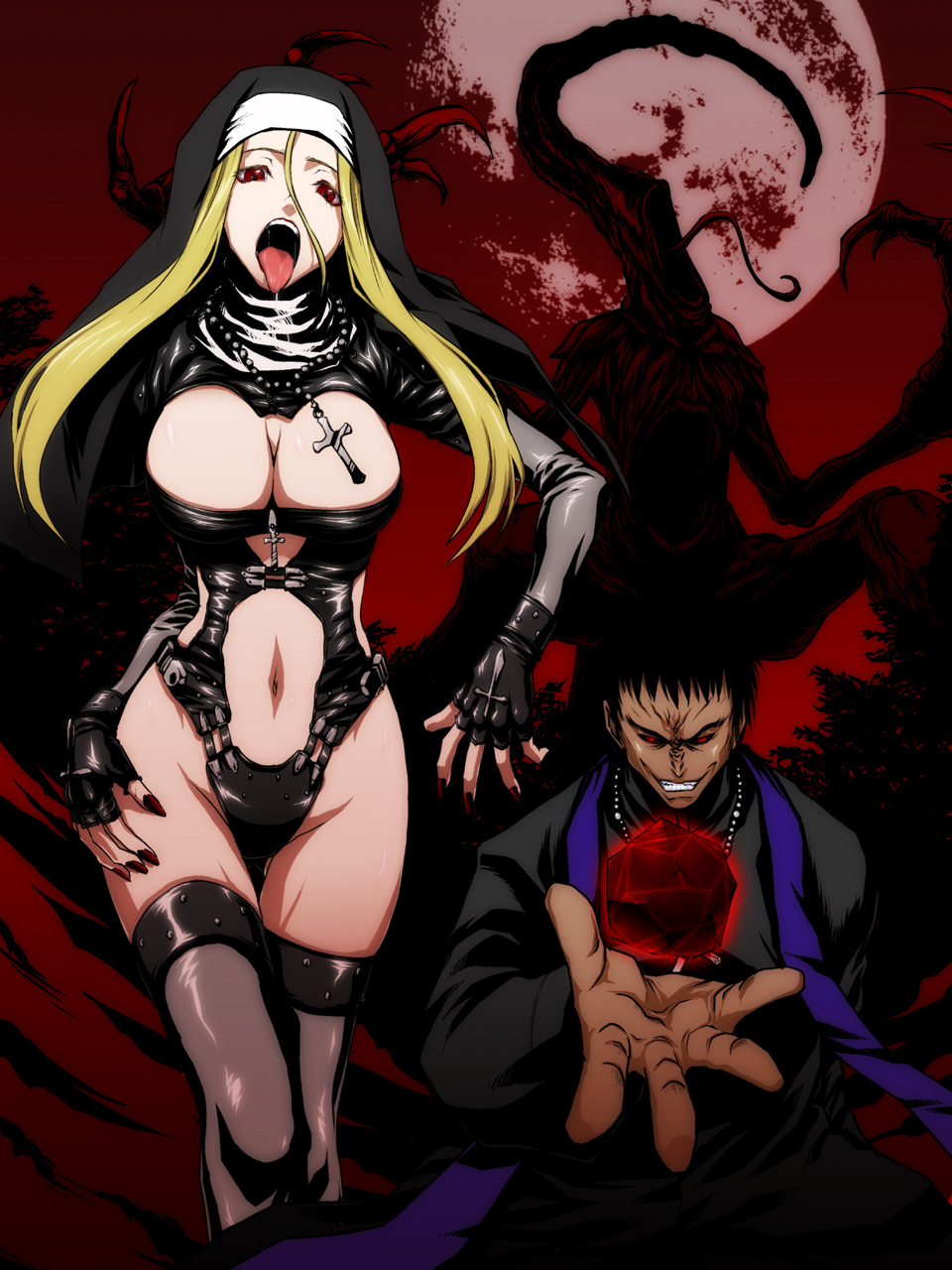 1girl ahegao black_hair black_sclera blonde_hair bondage_outfit breasts bustier cleavage corruption cross cthulhu_mythos fingerless_gloves full_moon gloves grin habit highres horror_(expression) iga_tomoteru large_breasts magic monster moon naughty_face night nun nyarlathotep open_mouth original priest red_eyes red_moon revealing_clothes saliva shining_trapezohedron shrug_(clothing) smile thighhighs tongue underwear wide_hips