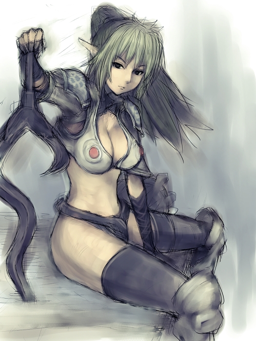 armor black_eyes black_hair black_legwear breasts cleavage curvy echidna fumio_(rsqkr) grey_hair large_breasts long_hair midriff multicolored_hair pointy_ears ponytail queen's_blade revealing_clothes sitting sketch solo sword thighhighs two-tone_hair weapon