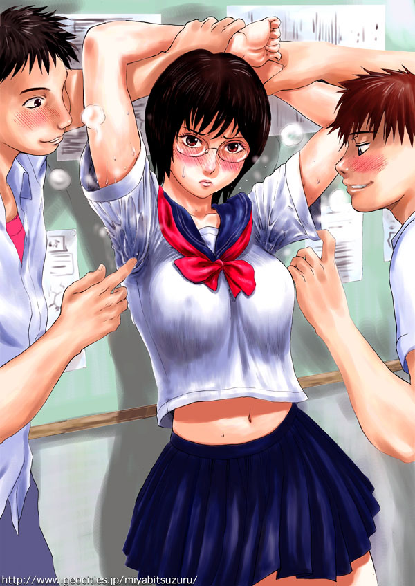 2boys blush glasses miyabi_tsuzuru multiple_boys navel restrained school_uniform short_hair sweat
